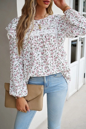 Non Chafing Side Seams Stretch Waistband Design WOMEN LACE TRIM FRILL ANGEL SLEEVE FLORAL BLOUSE