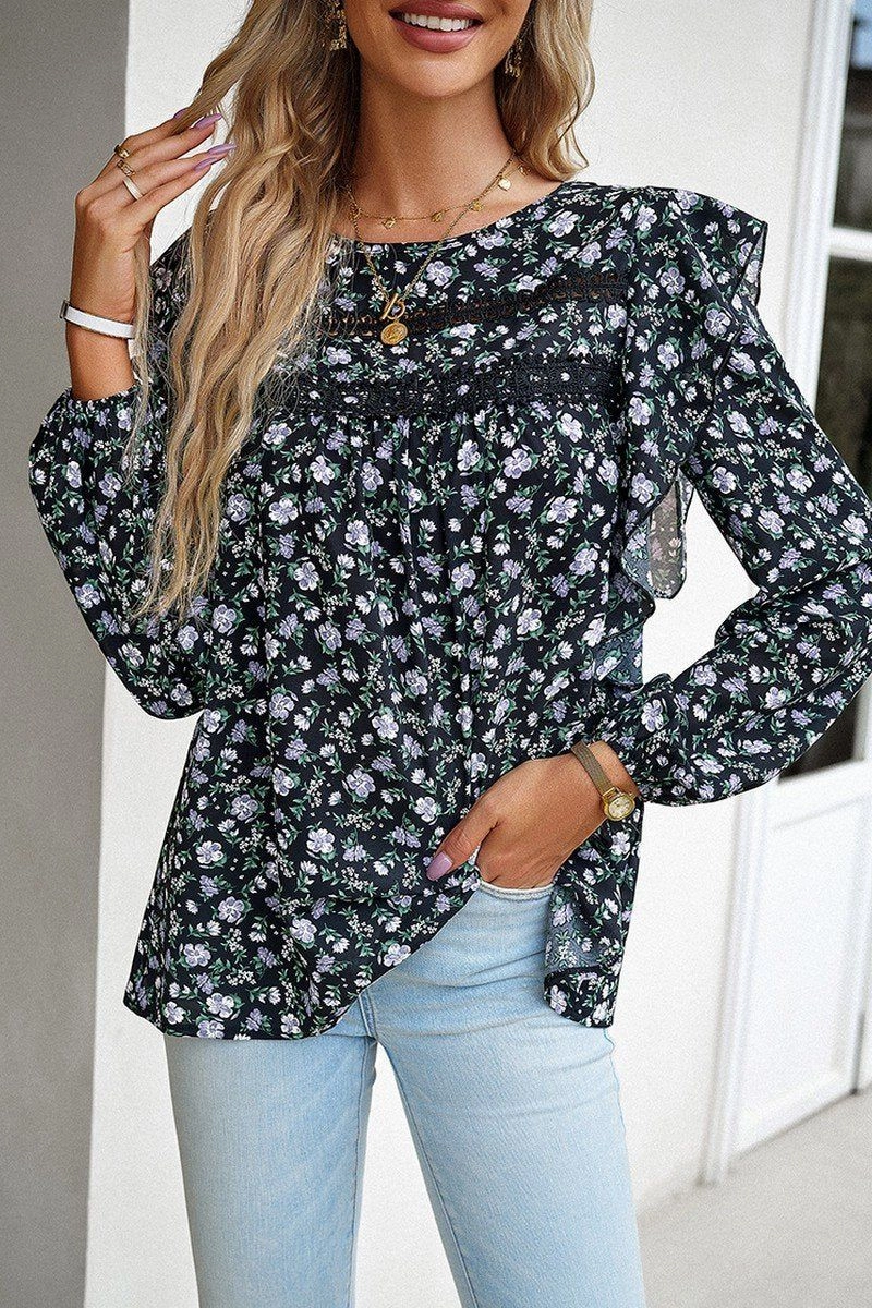 Lightweight Thermal NeutralPalette WOMEN LACE TRIM FRILL ANGEL SLEEVE FLORAL BLOUSE