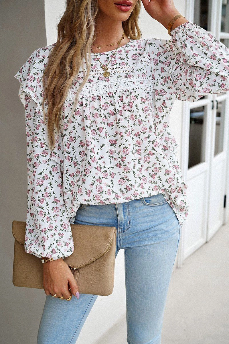 Non Chafing Side Seams Stretch Waistband Design WOMEN LACE TRIM FRILL ANGEL SLEEVE FLORAL BLOUSE