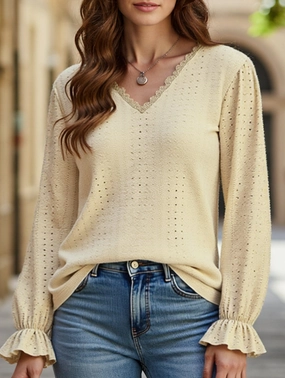 WOMEN LACE TRIM NECK EYELET LONG SLEEVE SHIRT TOP FrictionResistantEdges