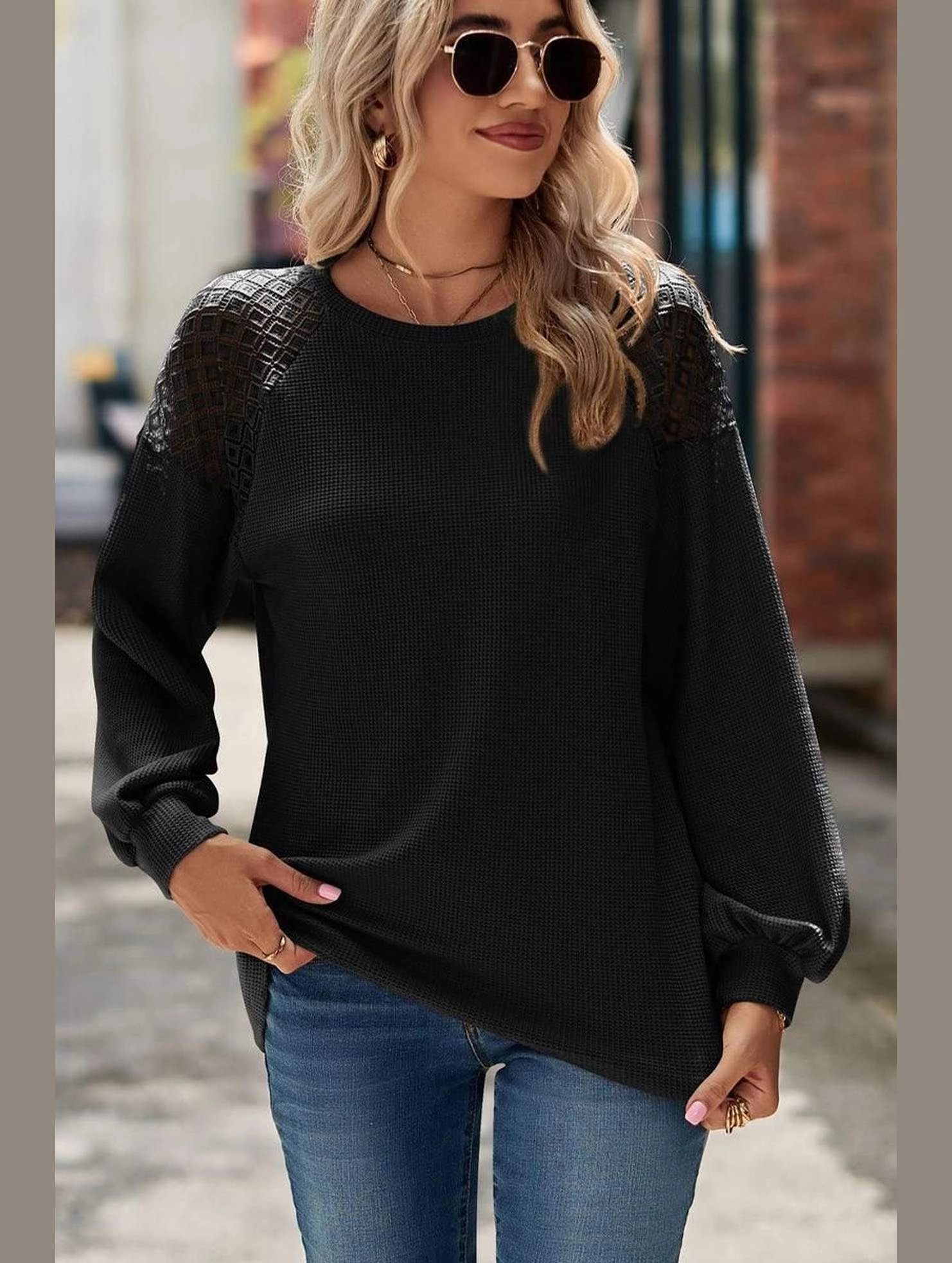WOMEN LACED SHOULDER DETAILED CASUAL JUMPER TOP Shrinkage Prevention Treatment LowProfileSeams