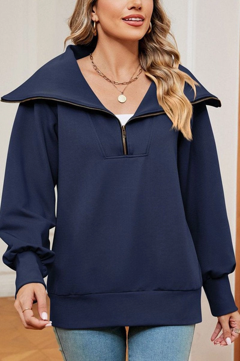 LowMaintenance Fabric WOMEN LAPEL ZIP UP LONG SLEEVE LOOSE PULLOVER