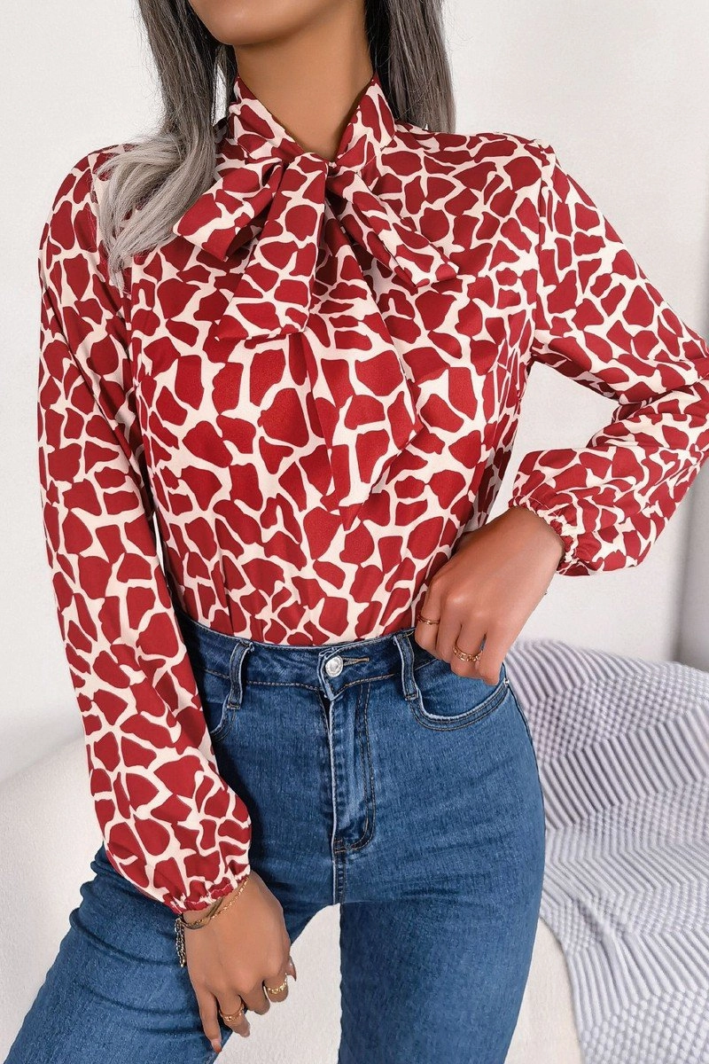 FasteningHood WOMEN LEOAPRD PATTERN TIED NECK OFFICE BLOUSE