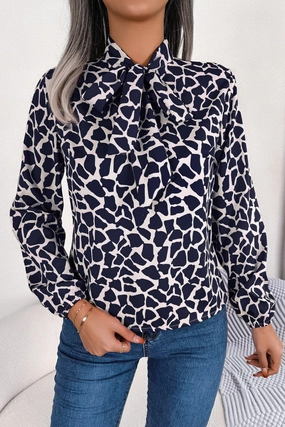 Stretch Fit Engineering WOMEN LEOAPRD PATTERN TIED NECK OFFICE BLOUSE