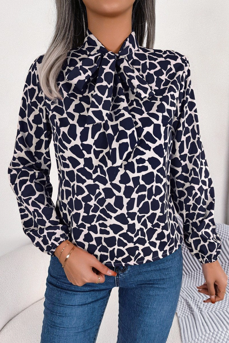 Stretch Fit Engineering WOMEN LEOAPRD PATTERN TIED NECK OFFICE BLOUSE