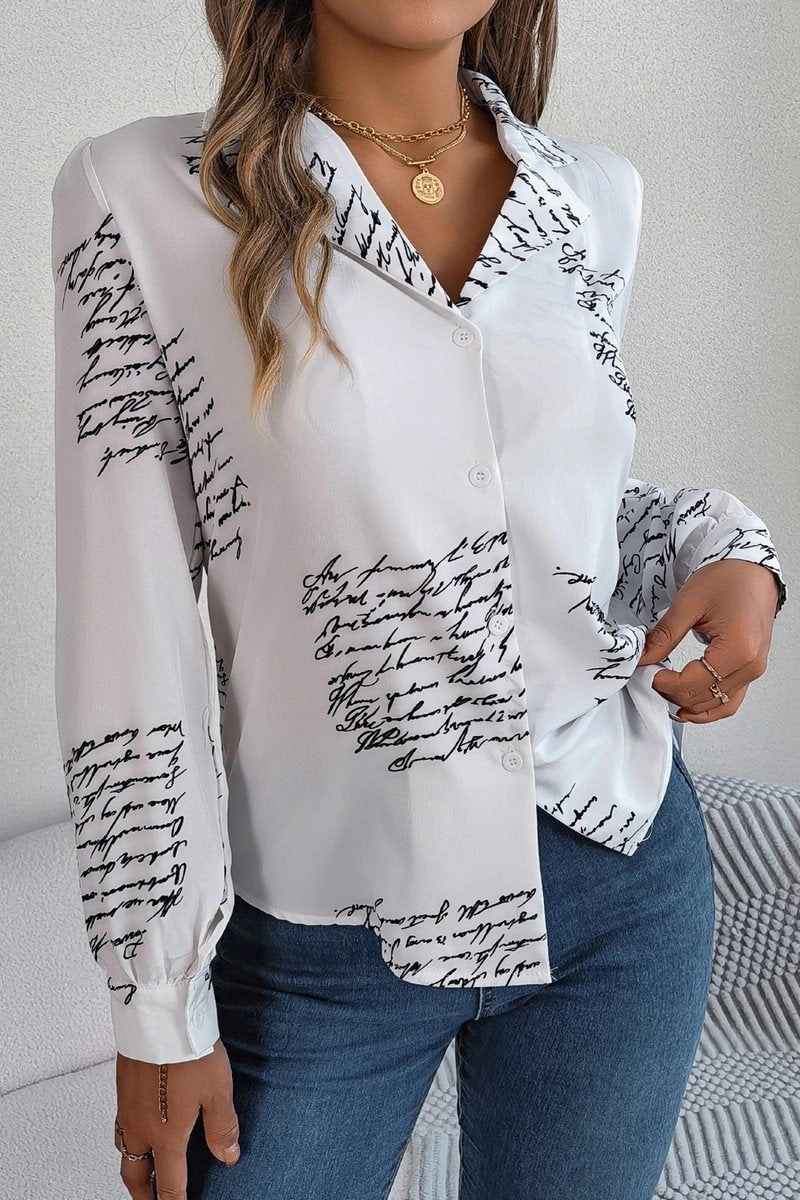 WOMEN LETTER PRINTING SEMI FORMAL OFFICE BLOUSE UV Protection Basic Wardrobe