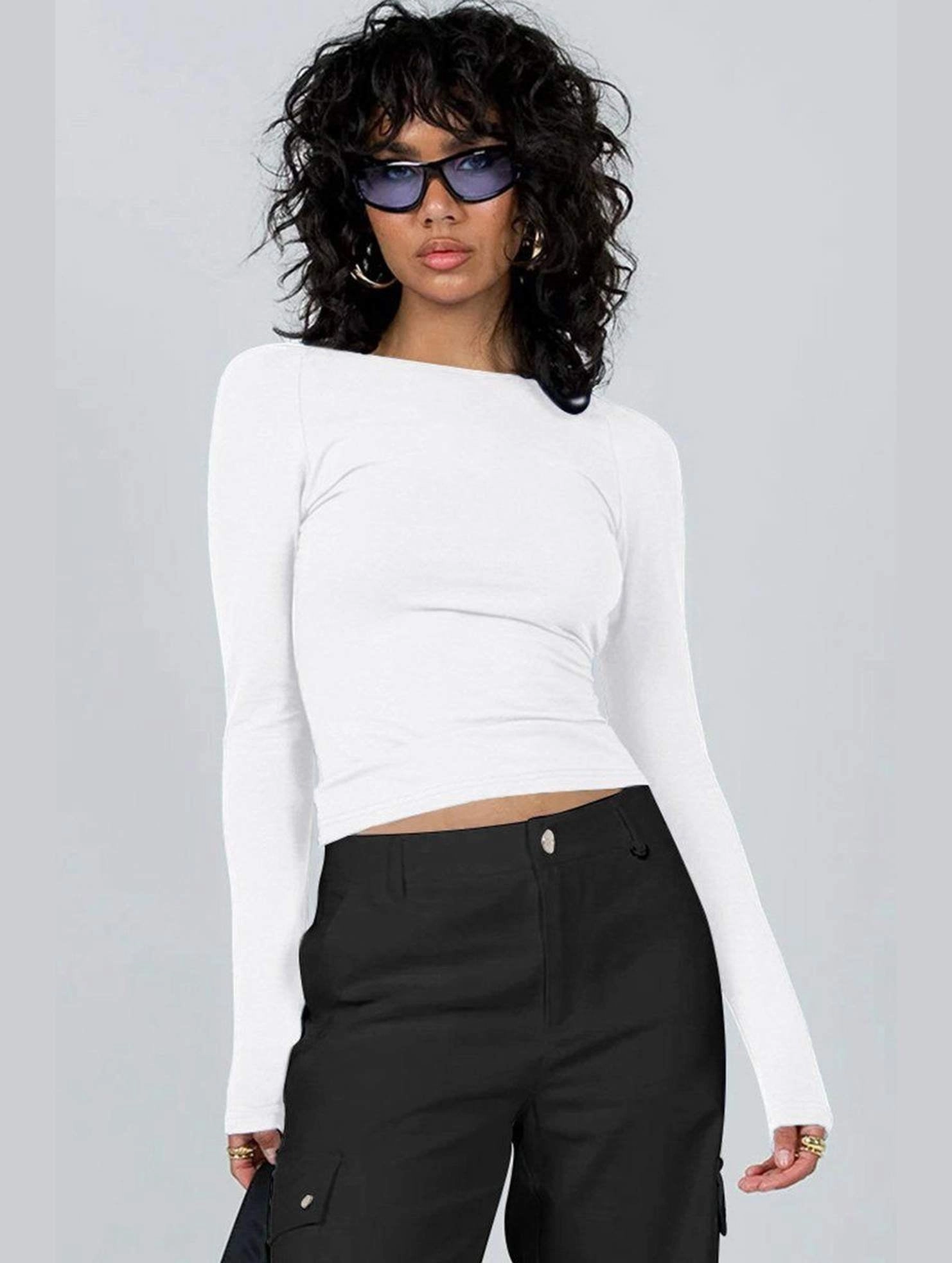 WOMEN LONG SLEEVE BACKLESS TIGHT T SHIRT Eco Conscious Dye Process Soft Knit