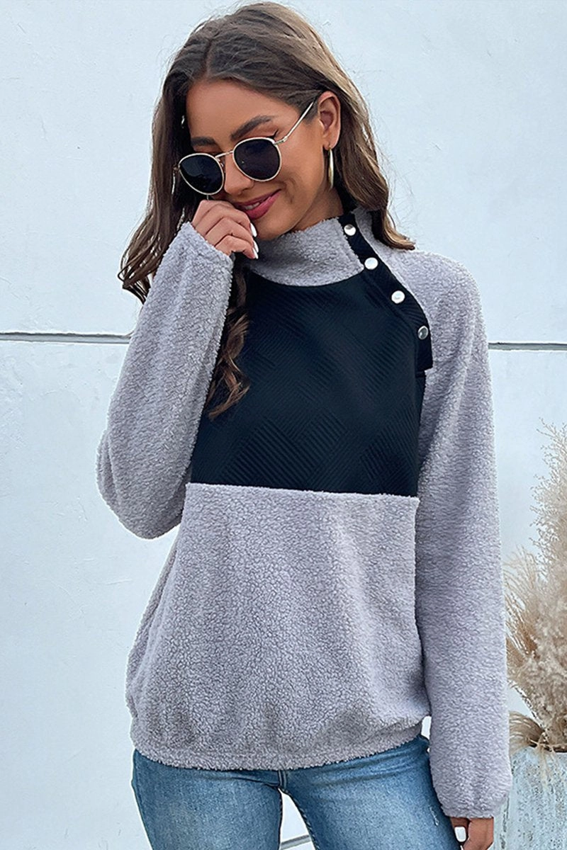 Wide Shoulder Cut WOMEN LONG SLEEVE LINT HIGH NECK SWEATSHIRT