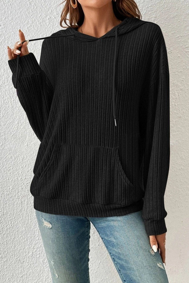 Smooth Interior Lining Layered Neckline WOMEN LONG SLEEVE RIB POCKET PULLOVER HOODIE