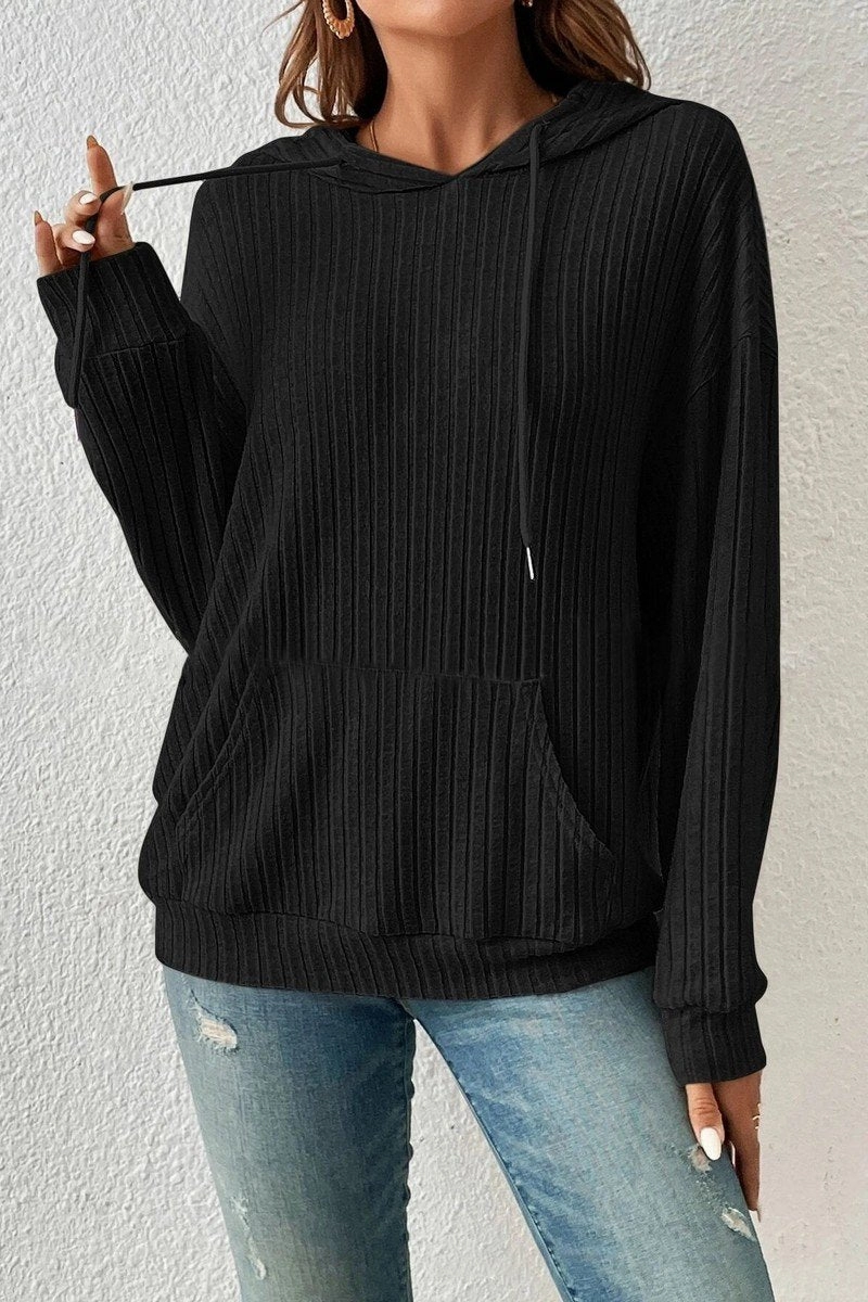 WOMEN LONG SLEEVE RIB POCKET PULLOVER HOODIE AntiPillTreatment