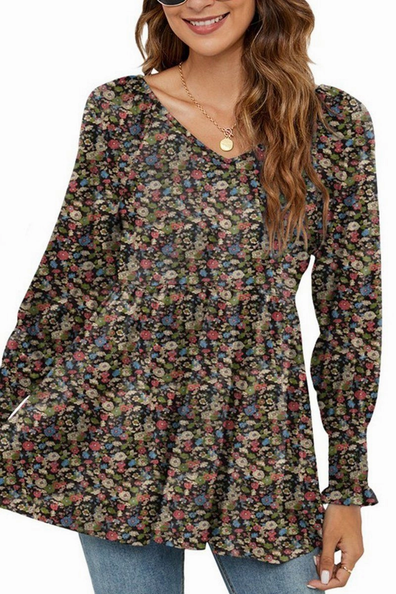 WOMEN LOOSE FIT FLORAL PATTERN RUFFLED TUNIC TOP Durable Stitch Pattern