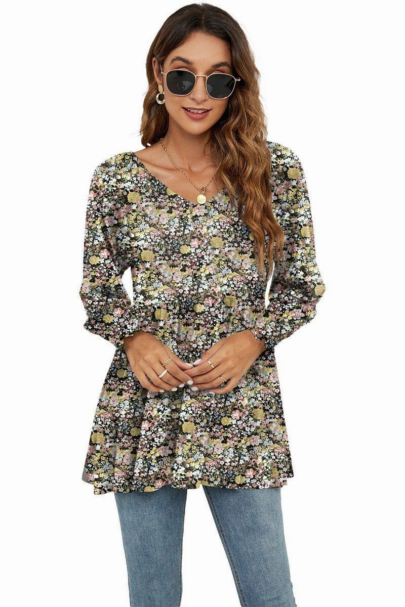 BoxySilhouette WOMEN LOOSE FIT FLORAL PATTERN RUFFLED TUNIC TOP