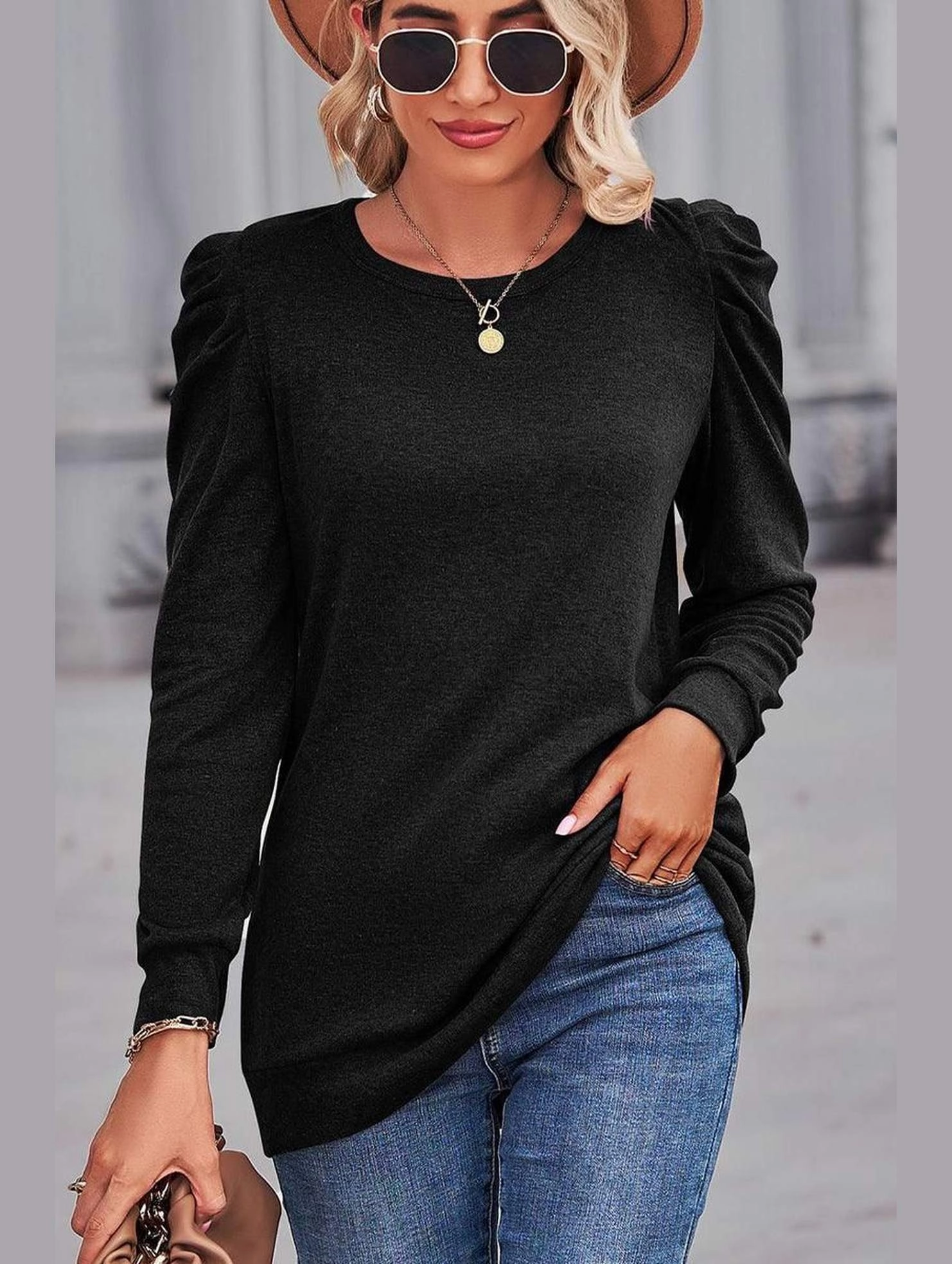 WOMEN LOOSE FIT SHIRRED PUFF SLEEVE PULLOVER TOP ClassicCrewNeck