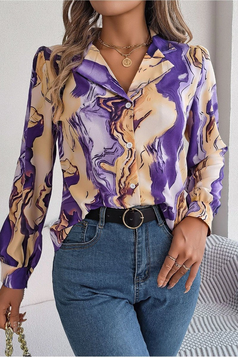 WeightedHem WOMEN MARBLE PATTERNED BUTTON DOWN OFFICE BLOUSE