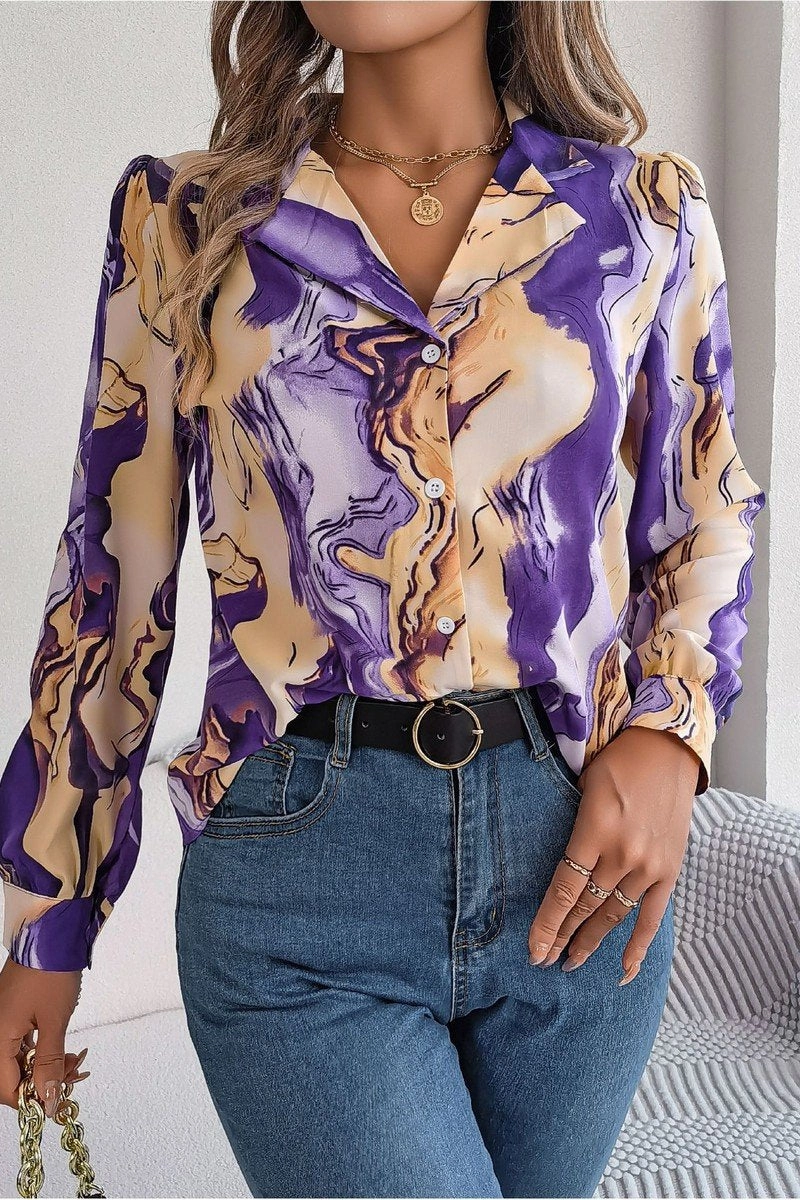Contrast Stitch Detail HighNeck WOMEN MARBLE PATTERNED BUTTON DOWN OFFICE BLOUSE