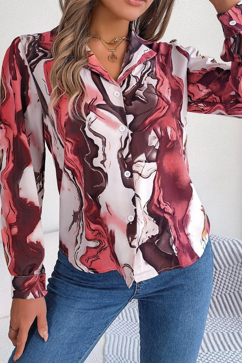 WOMEN MARBLE PATTERNED BUTTON DOWN OFFICE BLOUSE StaticResistant Material