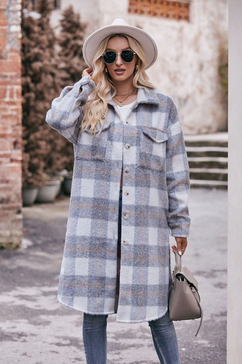 WOMEN OVERSIZED KNEE LENGTH PLAID COAT Contoured Armhole Design