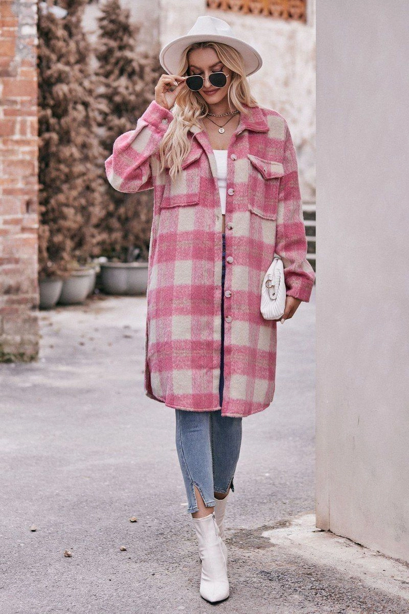 WOMEN OVERSIZED KNEE LENGTH PLAID COAT Distressed Texture