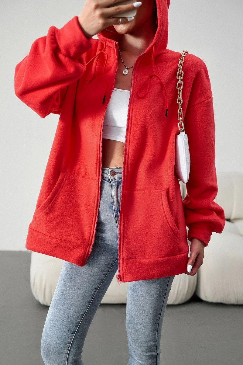 WOMEN OVERSIZED LOOSE FIT ZIP UP HOODIE JACKET Contoured Armhole Design