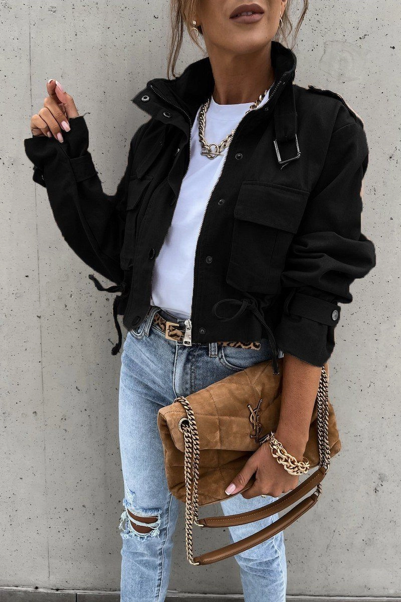 Sustainable Production Certified LowProfileSeams WOMEN OVERSIZED POCKET MOTORCYCLE JACKET SHORT TOP100% POLYESTERSIZE S(2)-M(2)-L(2)-XL(2)MADE IN CHINA