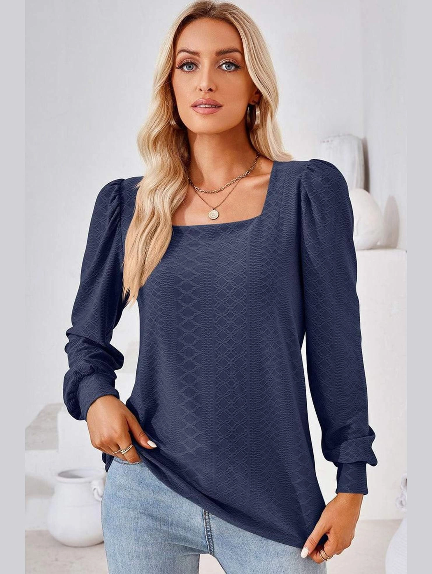 BioBased Fiber Sustainable Waterproofing WOMEN PATTERN STITCHED SQUARE NECK PUFF SLEEVE TOP