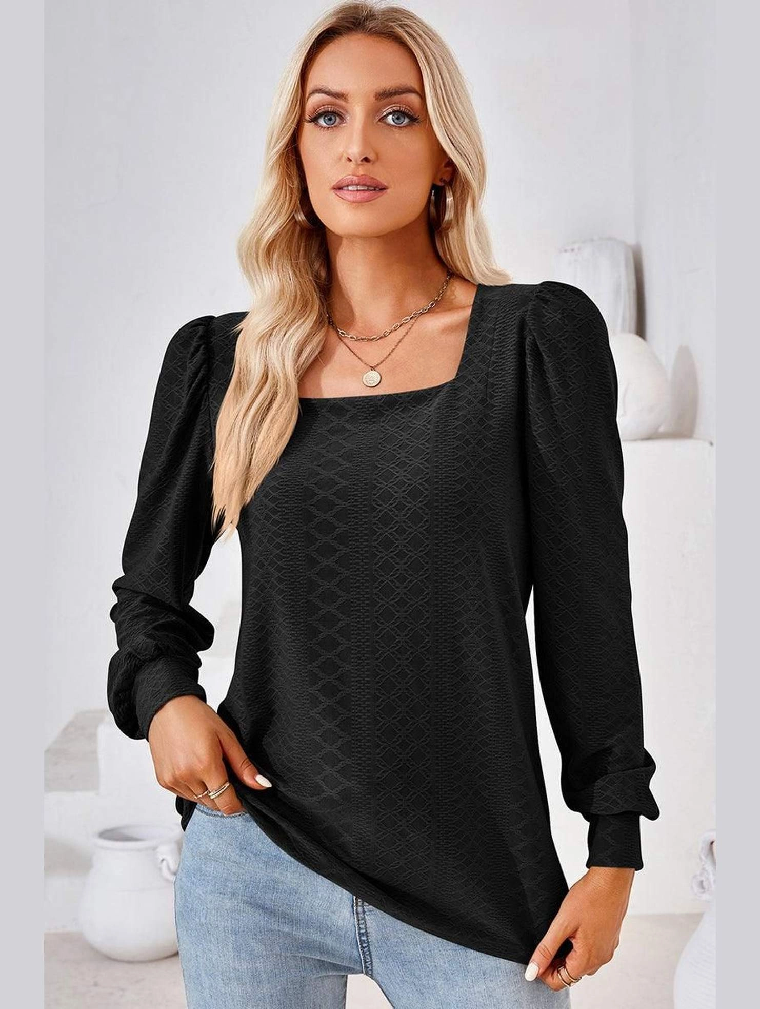 EcoFriendlyTexture WOMEN PATTERN STITCHED SQUARE NECK PUFF SLEEVE TOP