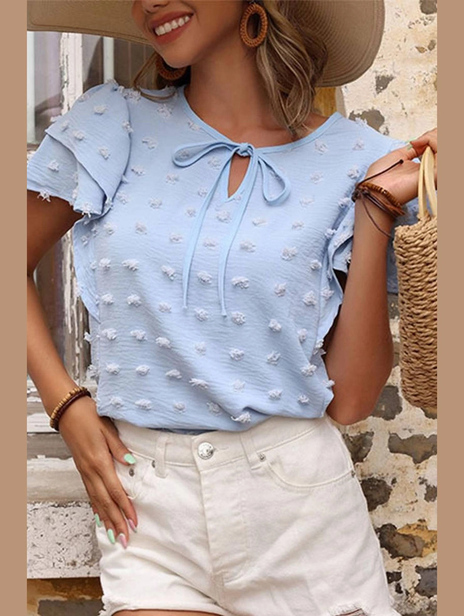 WOMEN PETAL SLEEVE SWISS DOT BLUE TEE Stay Cool Technology Torsion Support Structure