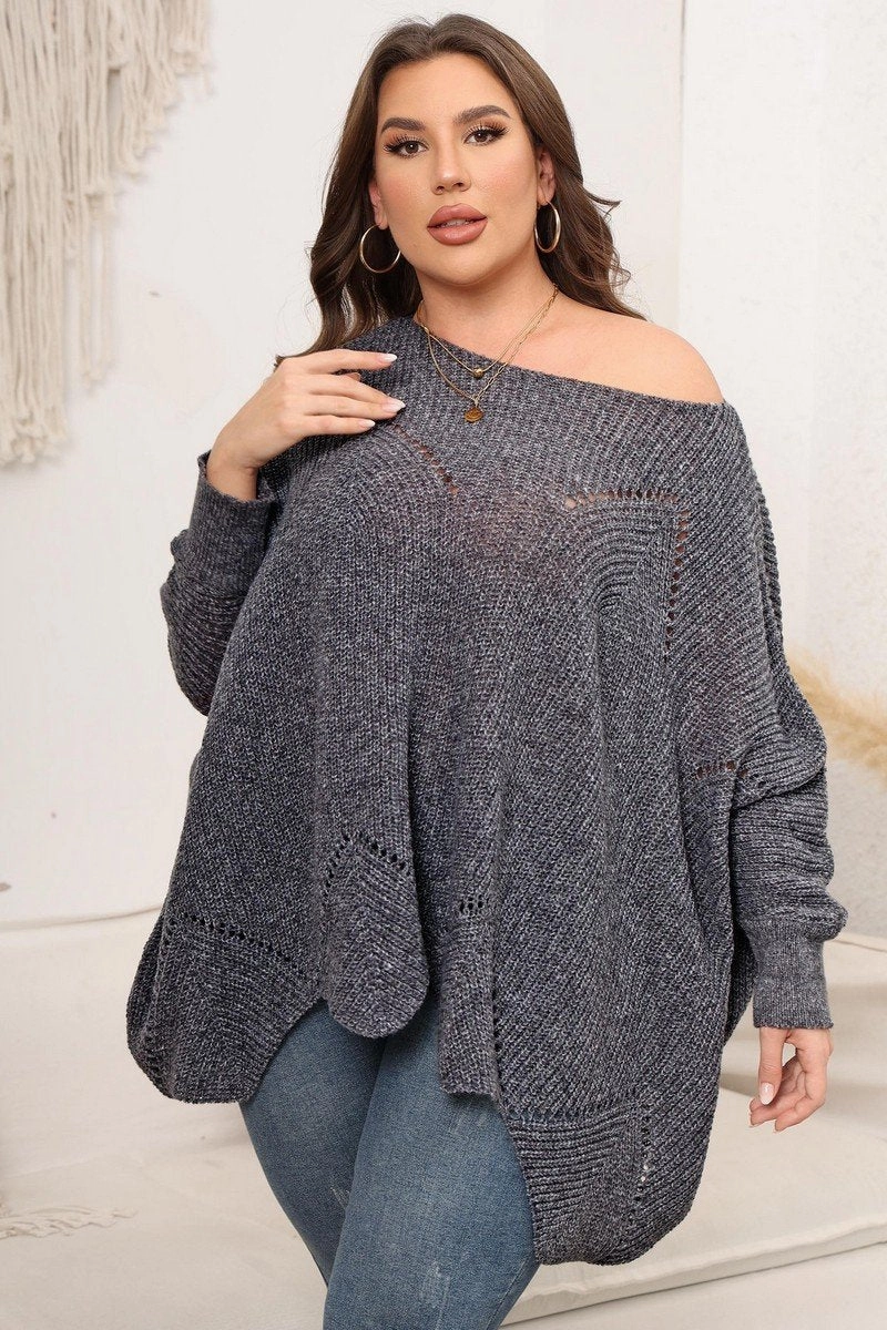 WOMEN PLUS SIZE BAT WING SLEEVE LOOSE FIT SWEATER PreWashed FrayResistant Fabric