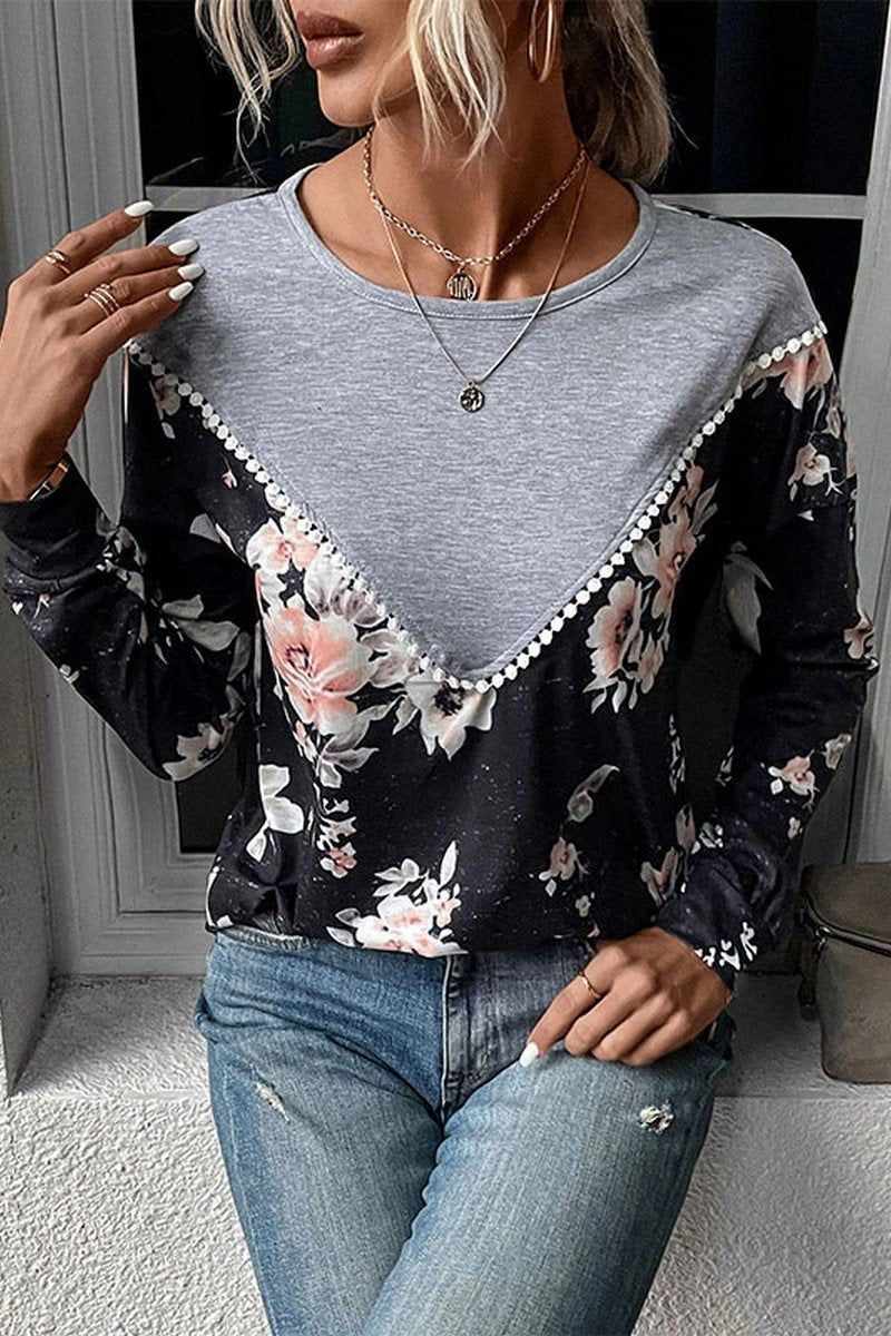 WOMEN ROUND NECK FLORAL PRINTING LONG SLEEVE TEE Convertible Style