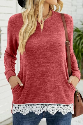 Grid Back Panel Organic Cotton Blend WOMEN ROUND NECK LACED HEM DETAILED PULLOVER TOP