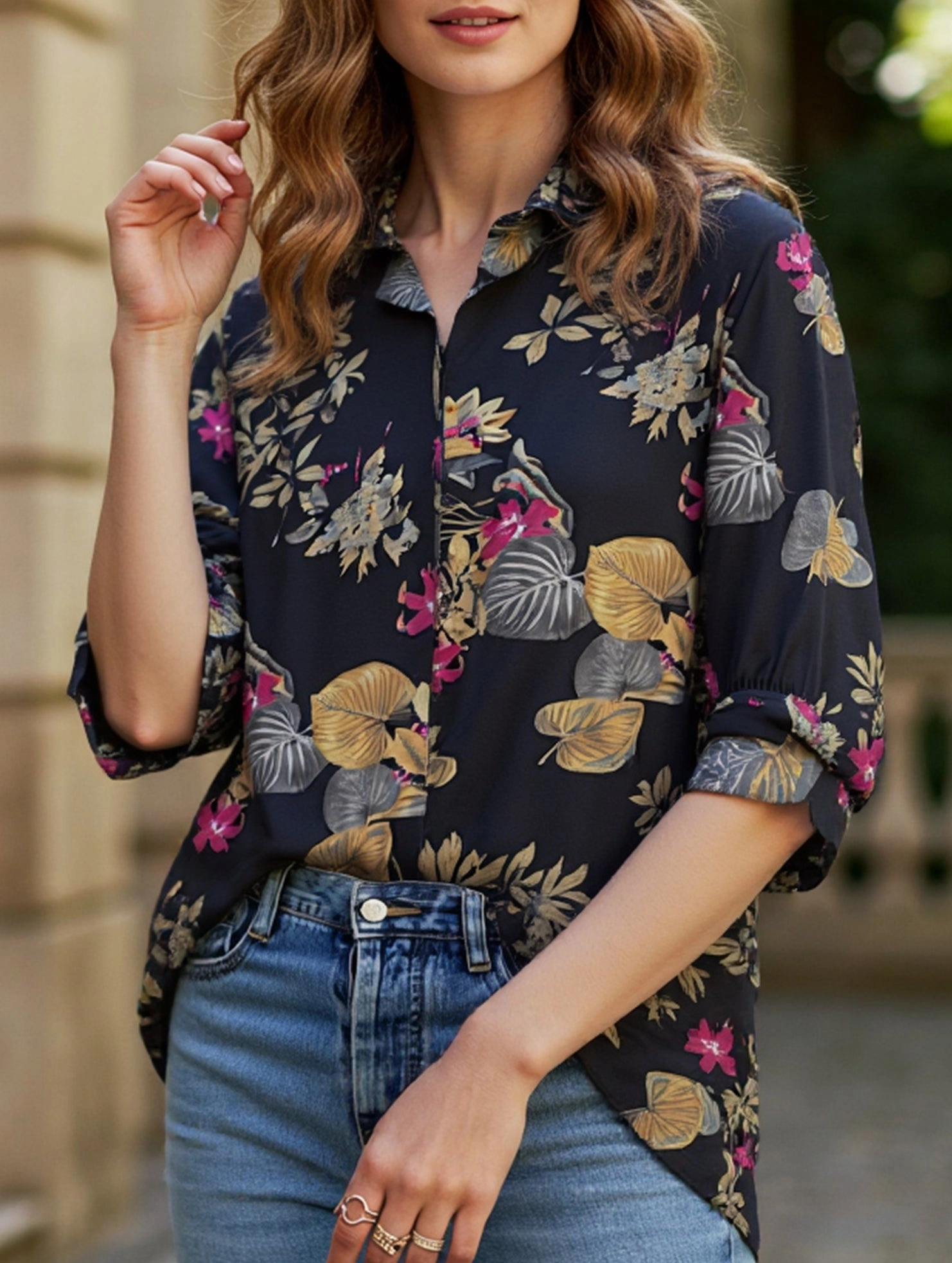 Women's Floral Print Button-Down Collar Shirt Bound Seam Finish ClassicCrewNeck