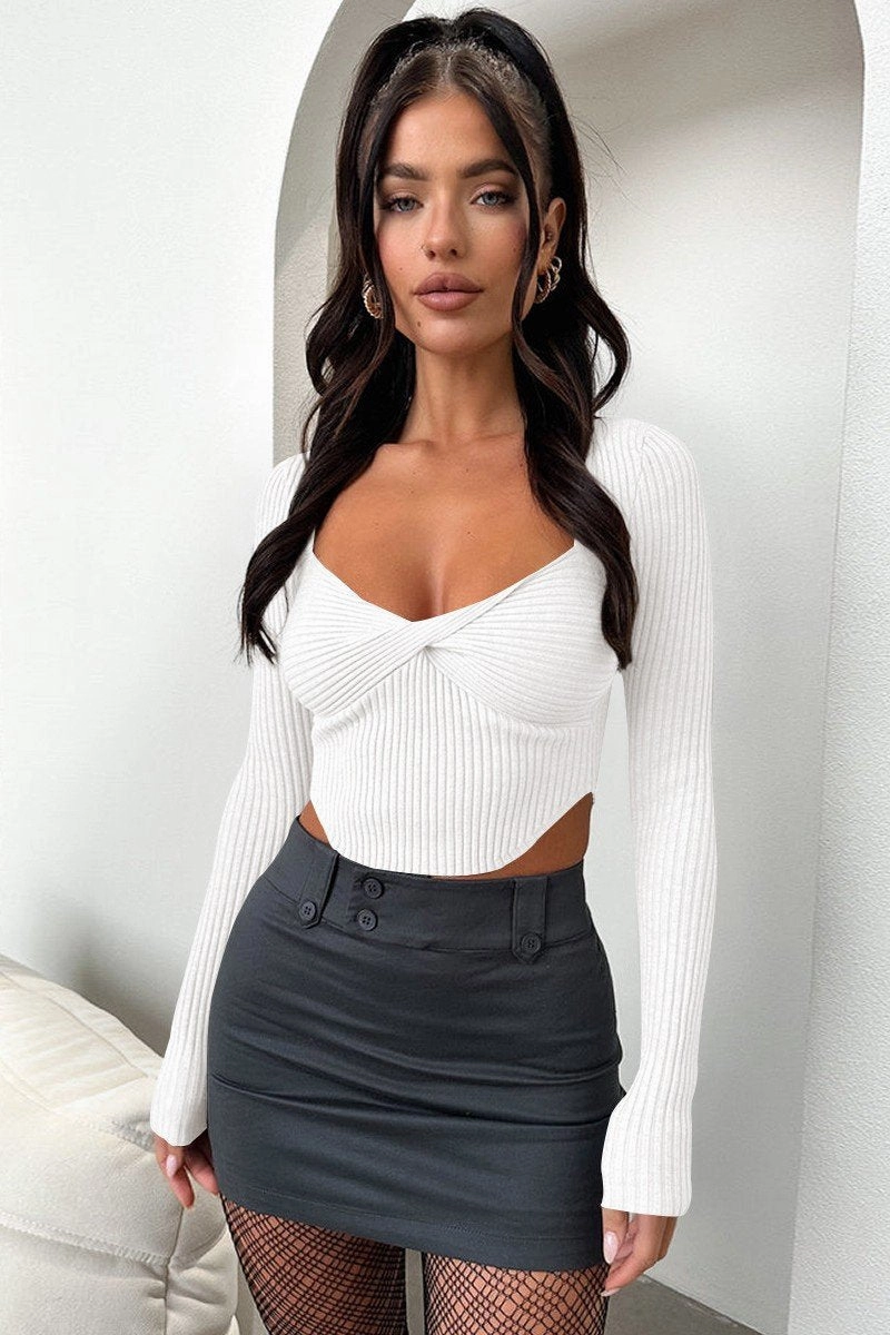WOMEN SEXY DEEP NECK TIGHT LONG SLEEVE CROP TOP Tear Resistant Reinforcement