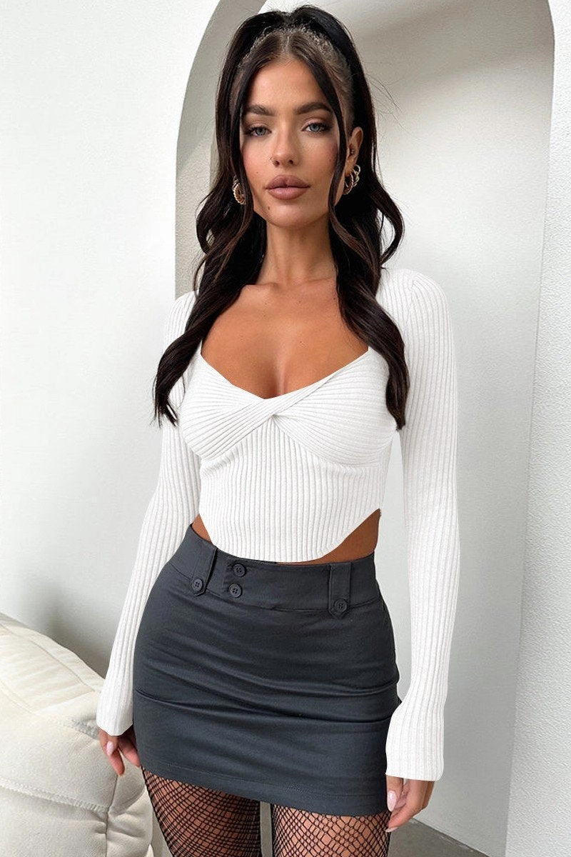 WOMEN SEXY DEEP NECK TIGHT LONG SLEEVE CROP TOP Organic Cotton Blend Tactile Soft Texture
