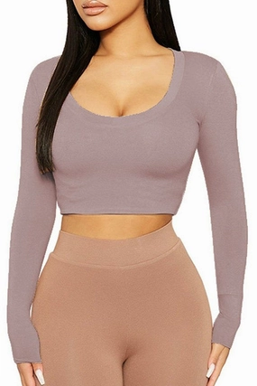 WOMEN SEXY U NECK LONG SLEEVE CROP TIGHT TOP Soft Material Double Layered Hem Reinforcement