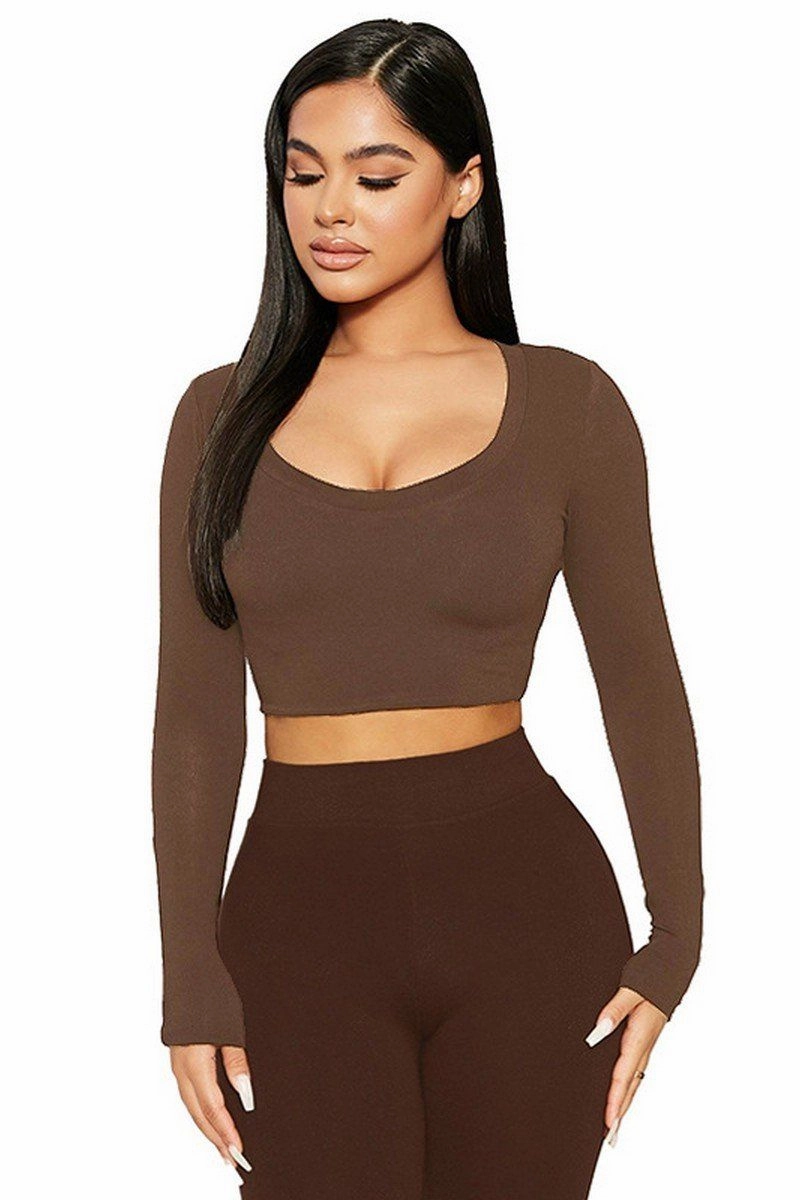 WOMEN SEXY U NECK LONG SLEEVE CROP TIGHT TOP Relaxed Silhouette Stretch Fit Engineering