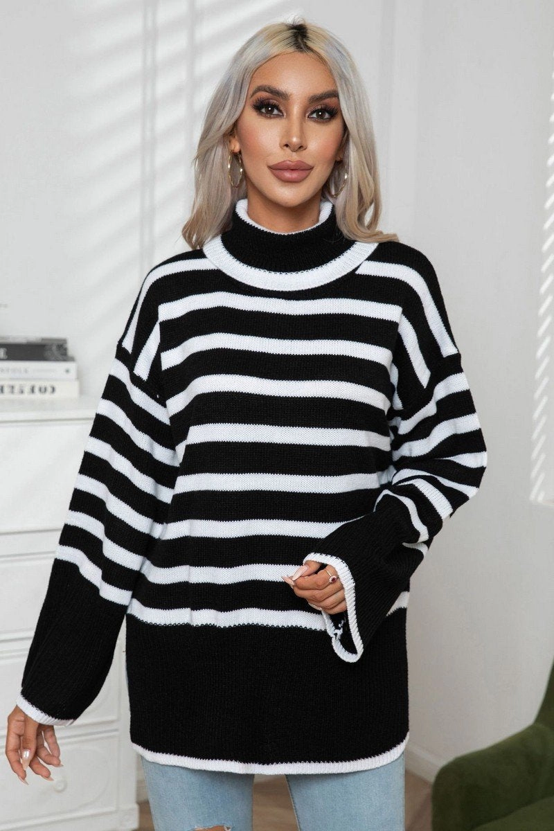 WOMEN STRIPED SIDE SLIT TURTLENECK LOOSE SWEATER UV Protective Layer