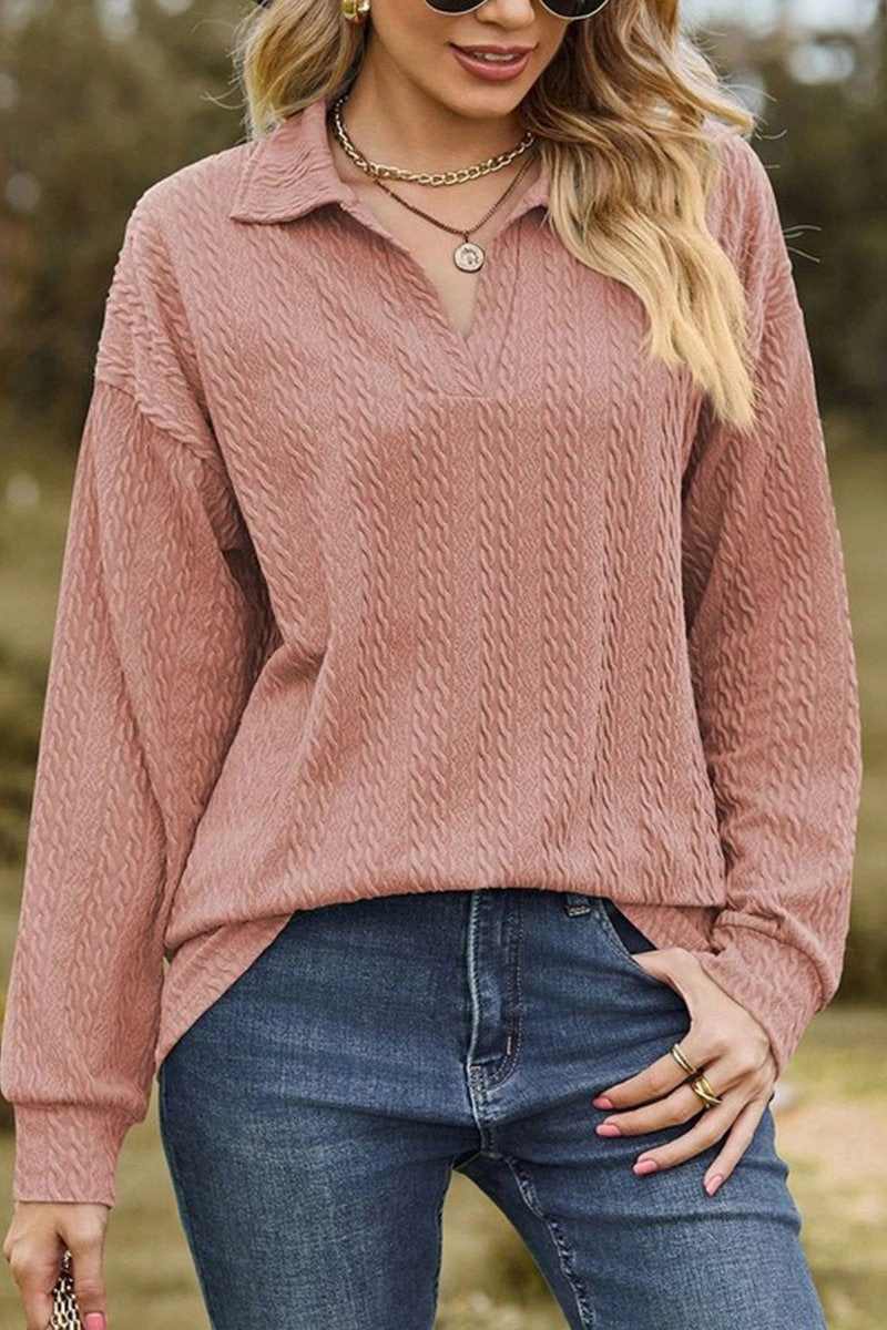 WOMEN TWIST CABLE STITCHED V NECK COLLAR T SHIRT Hypoallergenic fabric