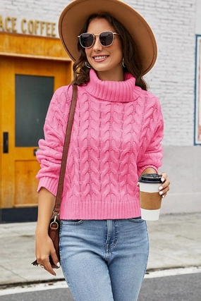 WOMEN TWIST CHUNKY CABLE KNIT TURTLE NECK SWEATER AbrasionResistant Edging
