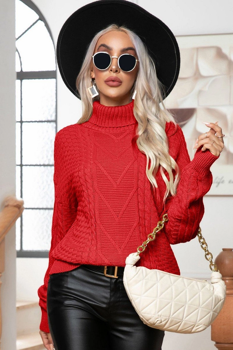 WOMEN TWIST HIGH NECK LOOSE KNIT SWEATER Antimicrobial Treatment Sustainable Manufacturing