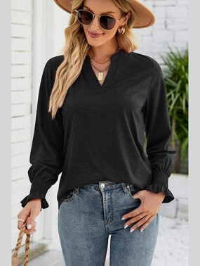 WOMEN V NECK FITTED RUFFLE SLEEVE OVERSIZED TOP VentilatedMeshPaneling Shrinkage Prevention Treatment