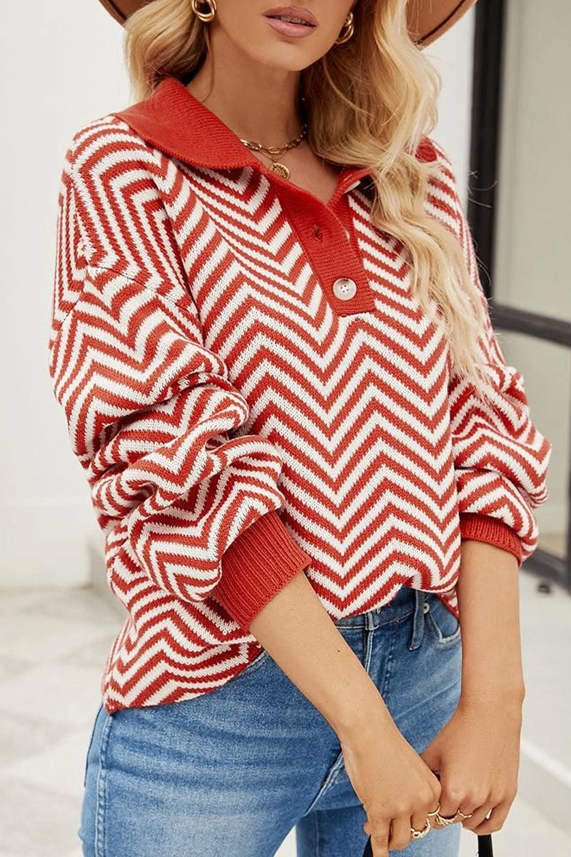 WOMEN V PATTERNED BUTTON V NECK JUMPER TOP Casual Button-Down