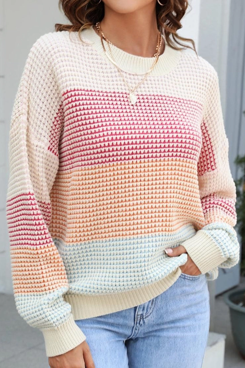 WOMEN WAFFLE KNITTED COLOR BLOCK OVERSIZED SWEATER Cozy Knit
