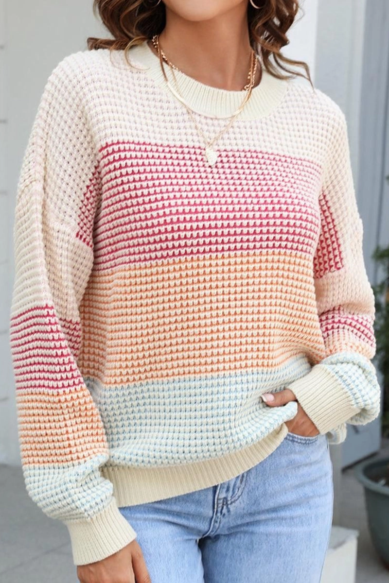 WOMEN WAFFLE KNITTED COLOR BLOCK OVERSIZED SWEATER Ergonomic Fit Design