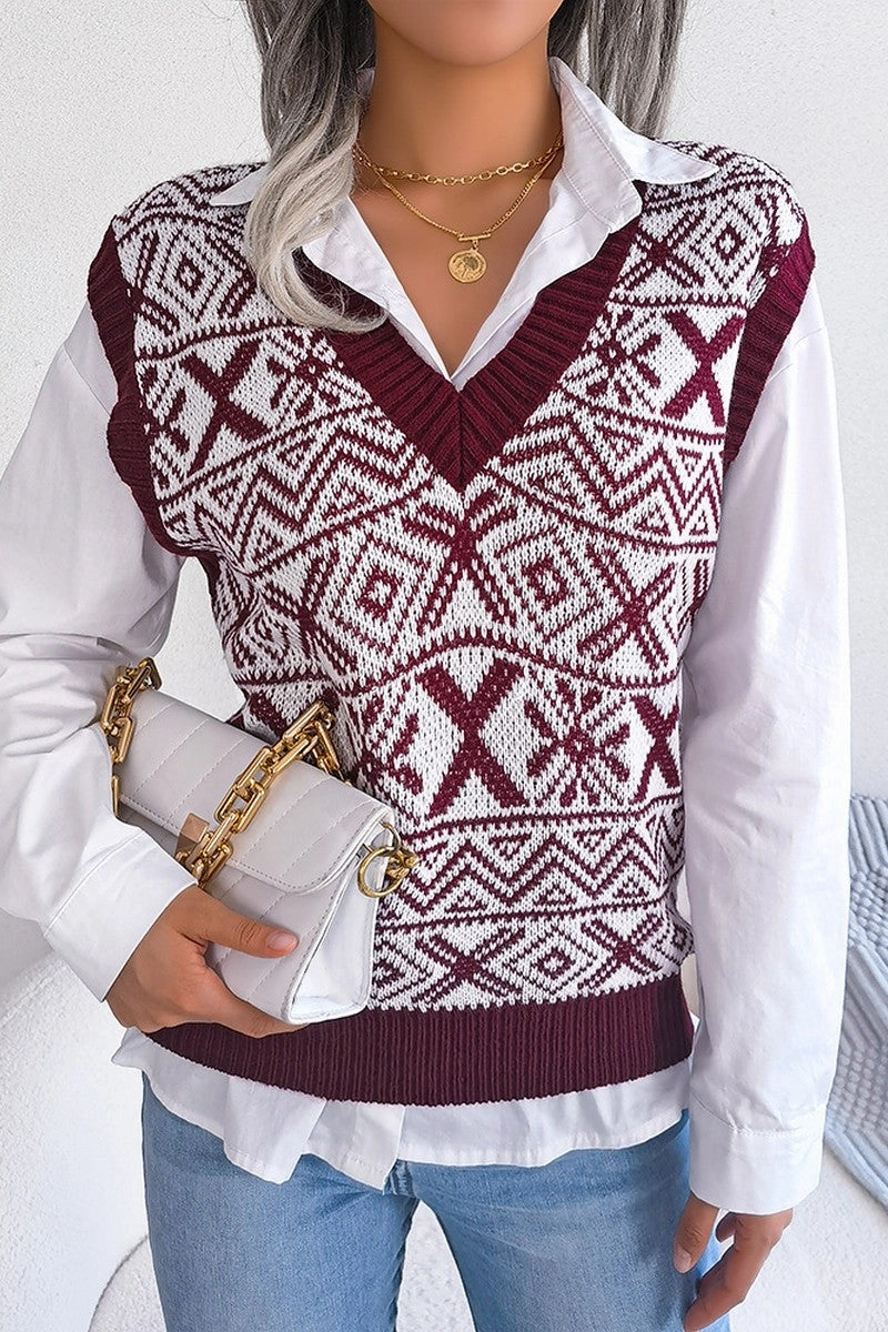 WOMEN X MAS PATTERN LOOSE FIT RIBBED SWEAT VEST Light Deflection Fabric Reinforced Buttonholes