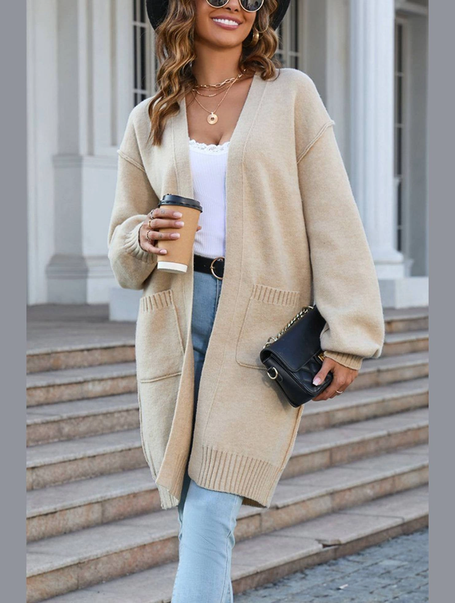 Low Profile Collar Contrast Topstitching Detail Womens Ribbed Open Front Cardigan with Pockets | Casual Knitwear