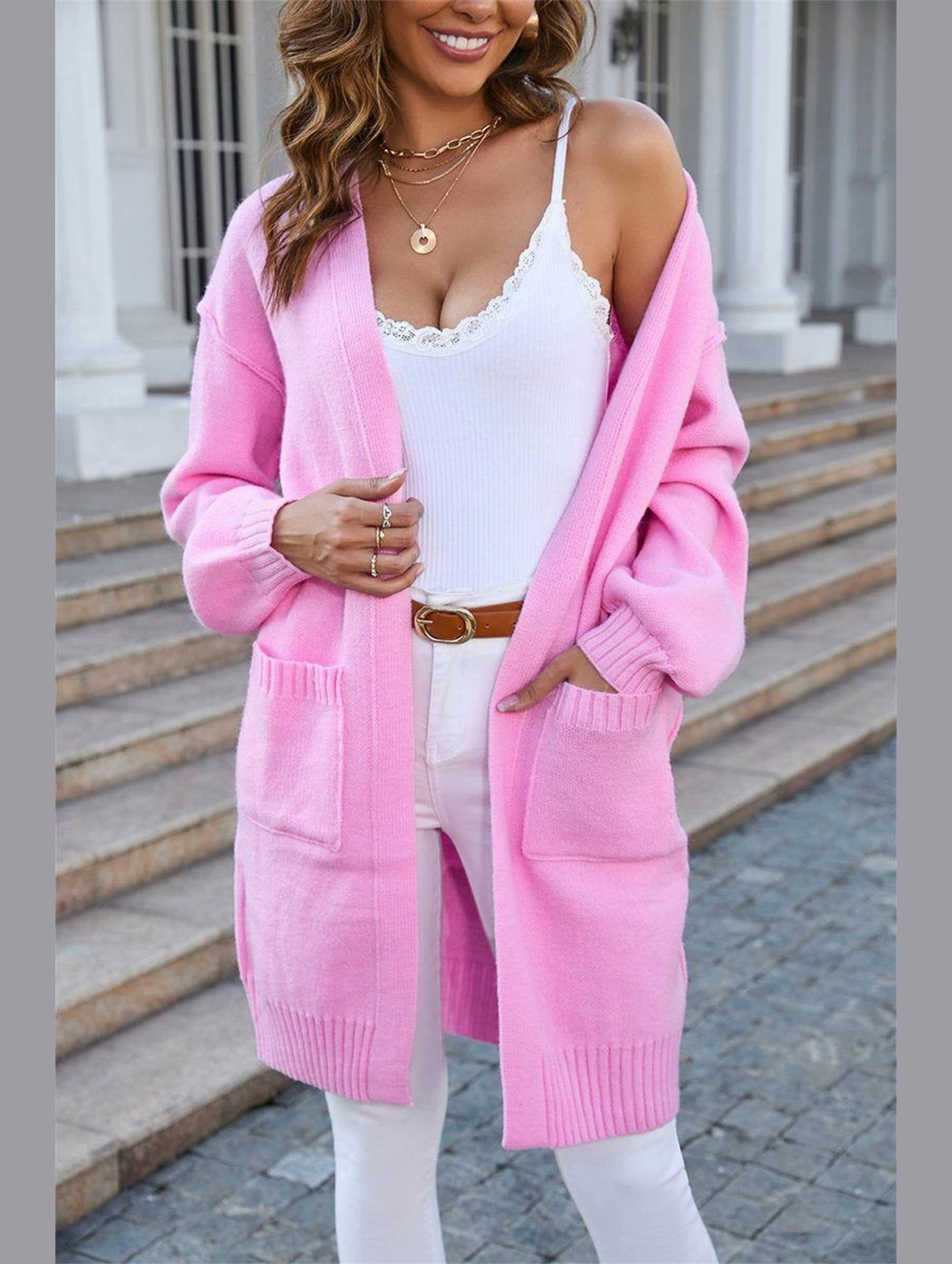 Womens Ribbed Open Front Cardigan with Pockets | Casual Knitwear Winter Fashion