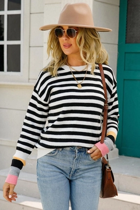 WOMENS STRIPE CASUAL TOP ClassicCrewNeck