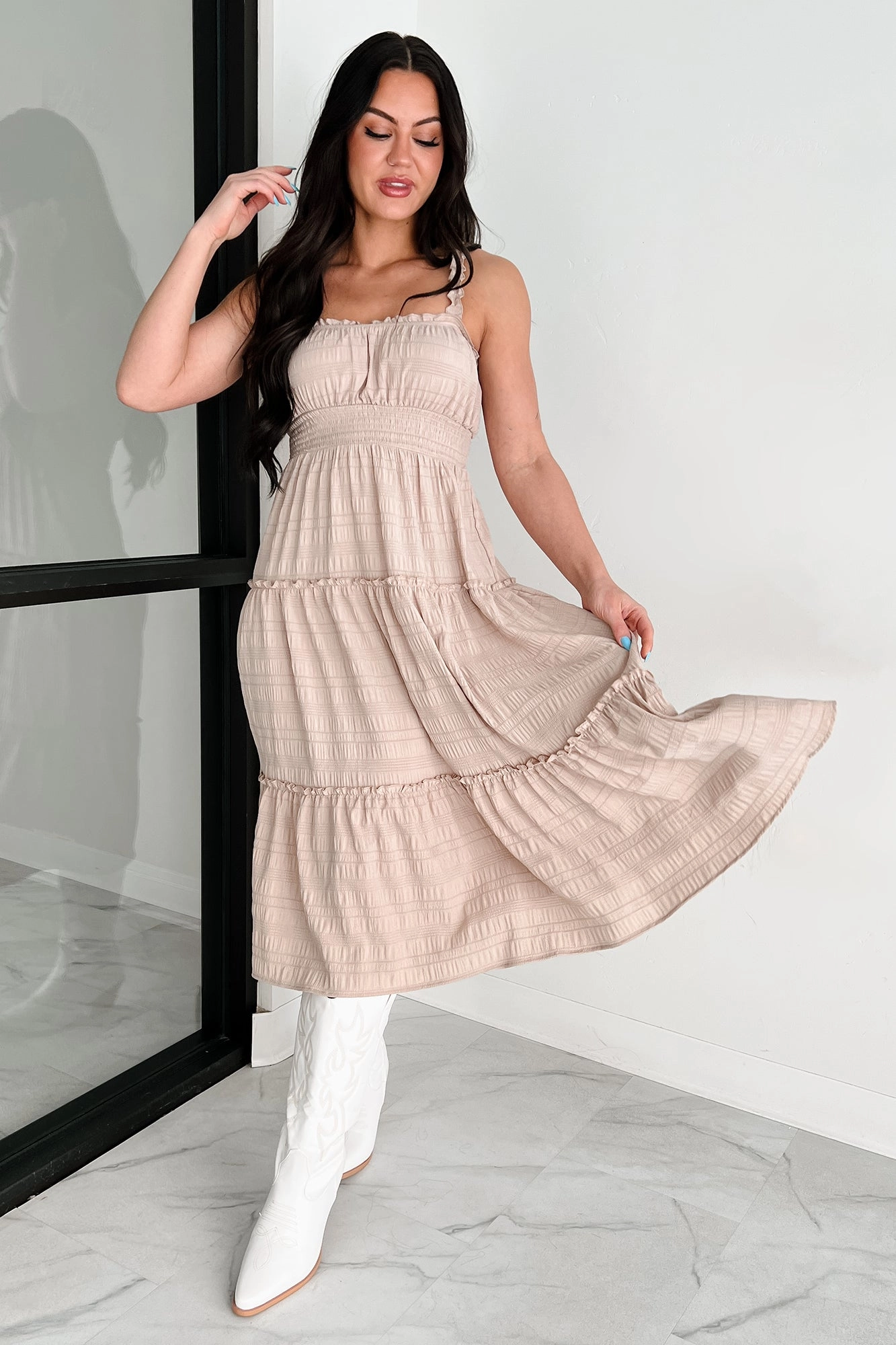 Mid Season Quiet Elegance Ruffle Tiered Midi Dress (Almond)