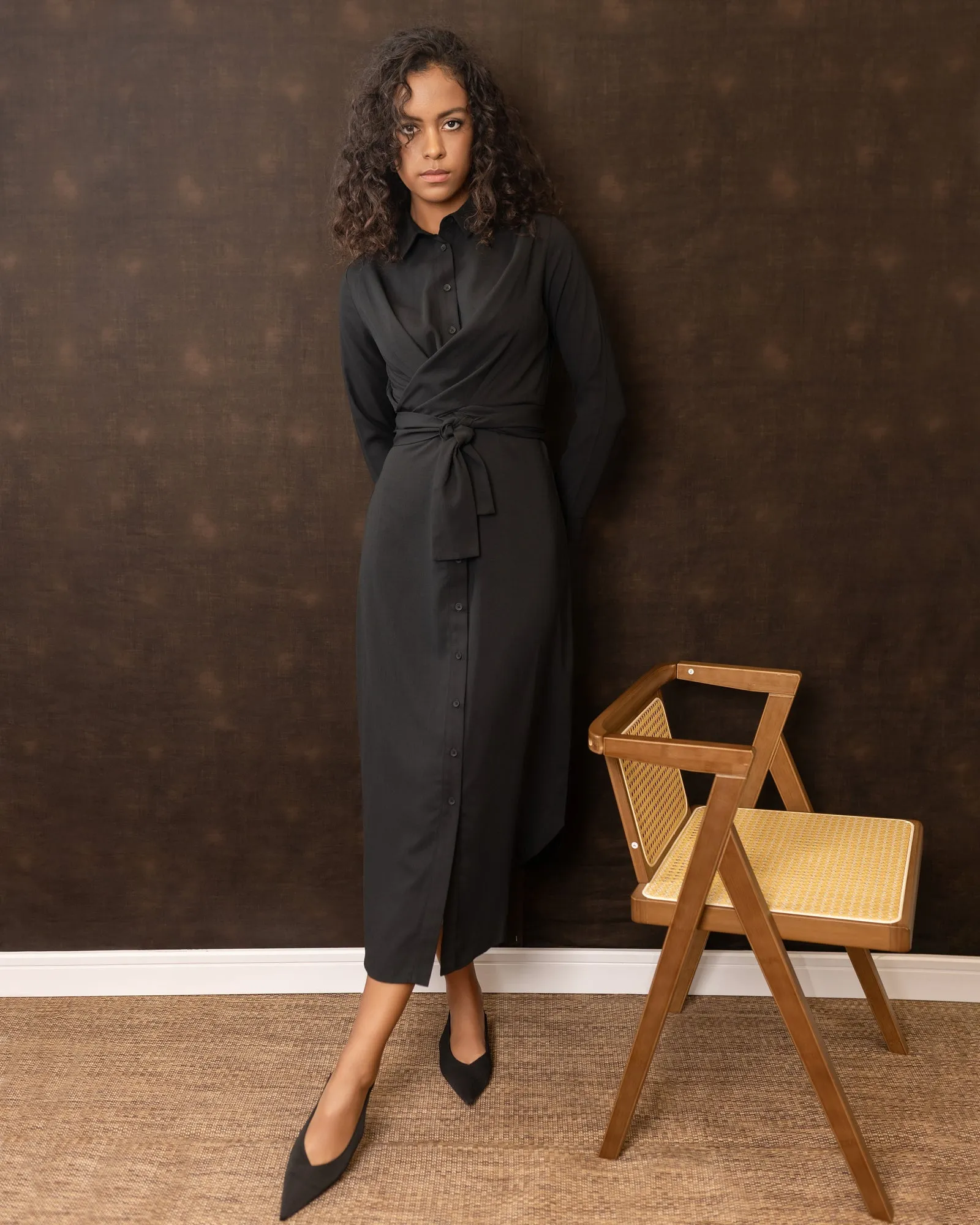 Weekend Ready Wrap Front Shirtdress | Black