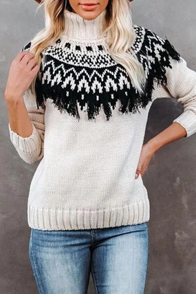 WOMEN VINTAGE TASSEL HIGH NECK BOHEMIAN SWEATER High Visibility Trim